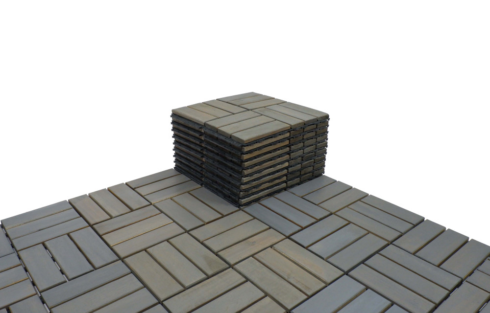 BEEFURNI 12" x 12" Light Gray Square Acacia Wood Interlocking Flooring Tiles Checker Pattern Pack of 10 Tiles
