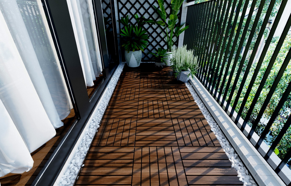 BEEFURNI 12" x 12" Dark Brown Square Acacia Wood Interlocking Flooring Tiles Striped Pattern Pack of 30 Tiles
