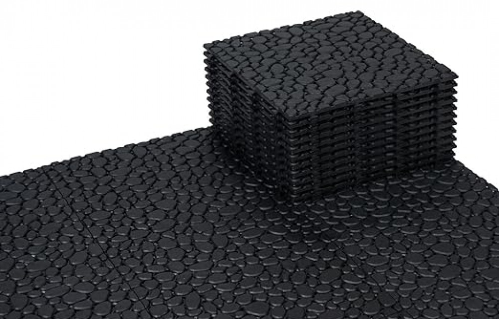 BEEFURNI Black Stone Plastic Deck Tiles Interlocking Floor Tiles (12PCS) 12" x 12"