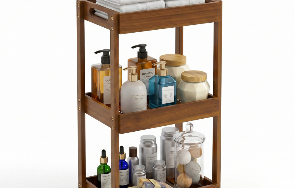 Acacia Shower Caddy Wood, 3 Tier Shower Organizer Wood, Freestanding Corner Standing Shower Caddy