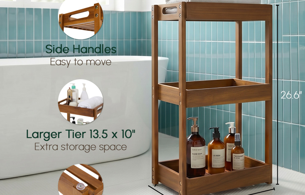 Acacia Shower Caddy Wood, 3 Tier Shower Organizer Wood, Freestanding Corner Standing Shower Caddy