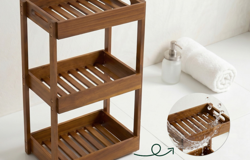 Acacia Shower Caddy Wood, 3 Tier Shower Organizer Wood, Freestanding Corner Standing Shower Caddy