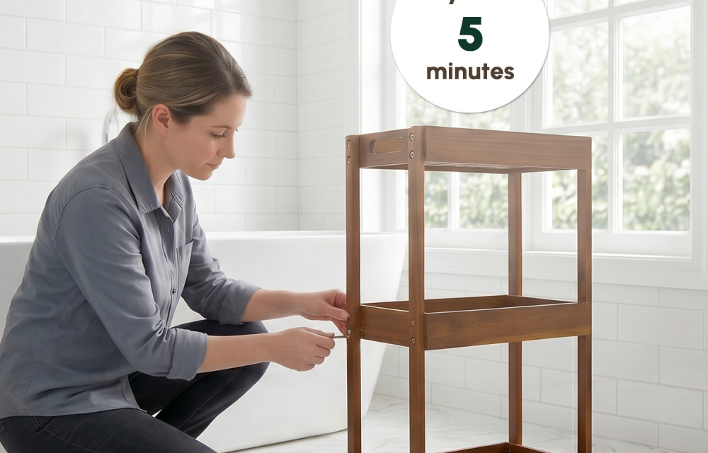 Acacia Shower Caddy Wood, 3 Tier Shower Organizer Wood, Freestanding Corner Standing Shower Caddy