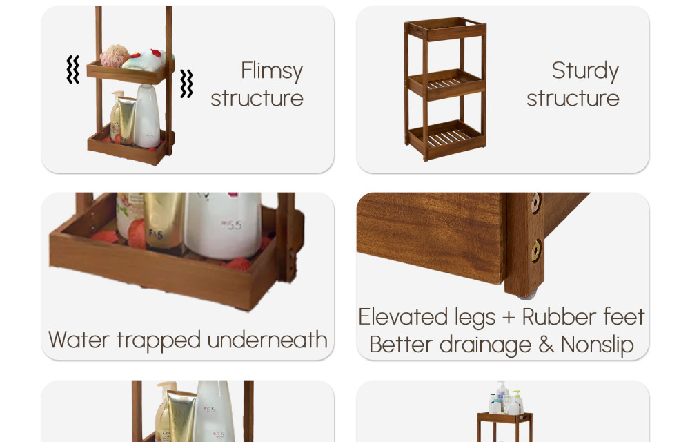 Acacia Shower Caddy Wood, 3 Tier Shower Organizer Wood, Freestanding Corner Standing Shower Caddy