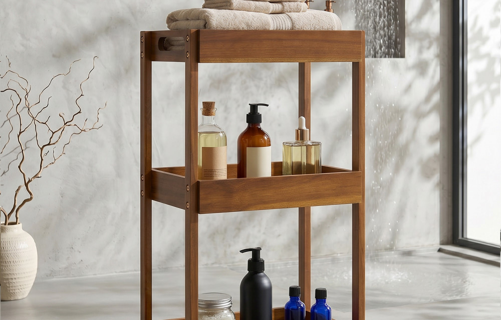 Acacia Shower Caddy Wood, 3 Tier Shower Organizer Wood, Freestanding Corner Standing Shower Caddy