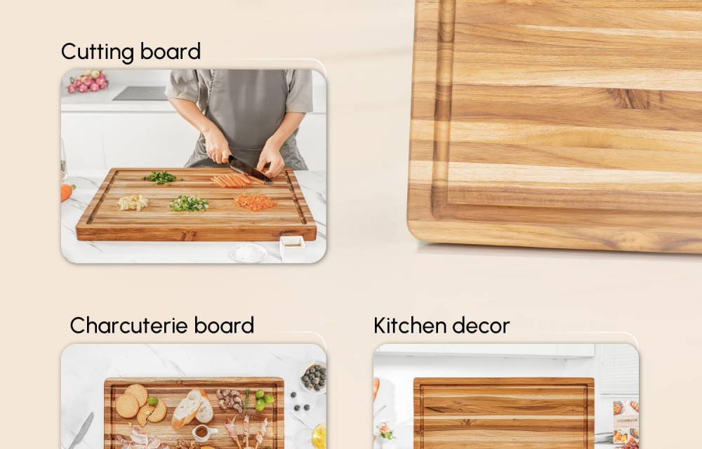 Rectangular Real Teak Cutting Board with Juice Groove 24x17x1.5 IN