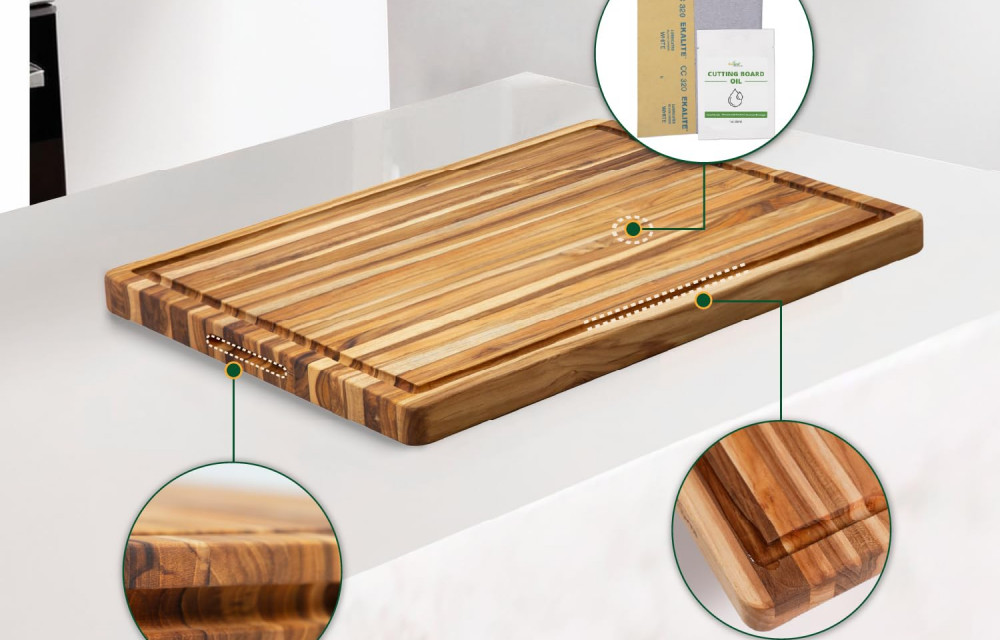 Rectangular Real Teak Cutting Board with Juice Groove 24x17x1.5 IN