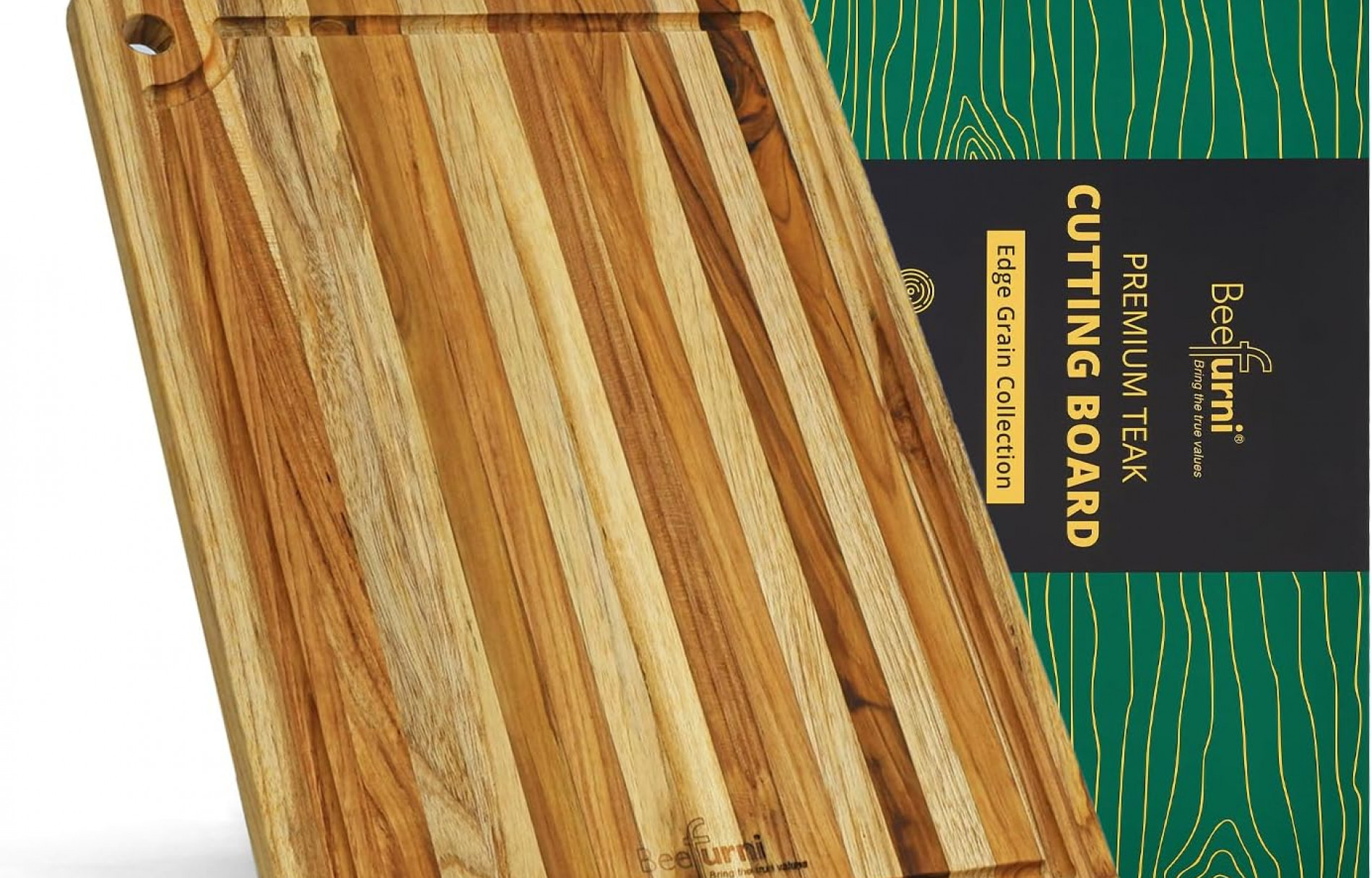 BEEFURNI Small Teak Cutting Board with Juice Groove and Hanging Hole (14x10x0.6")