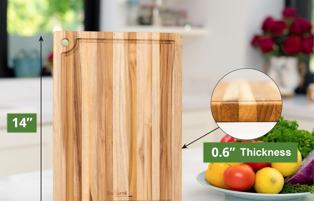 BEEFURNI Small Teak Cutting Board with Juice Groove and Hanging Hole (14x10x0.6")