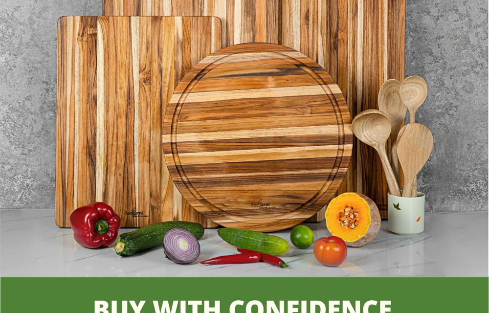 BEEFURNI Small Teak Cutting Board with Juice Groove and Hanging Hole (14x10x0.6")