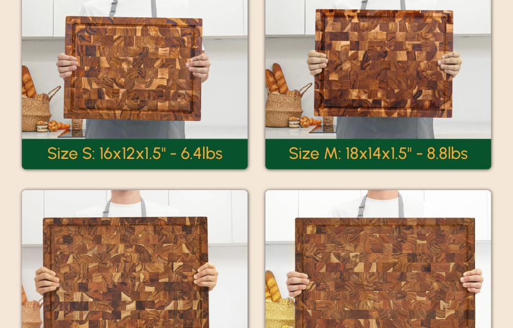 Teak Wood End Grain Cutting Board (L, 22x16x1.5"), Large Wooden Cutting Board for Kitchen
