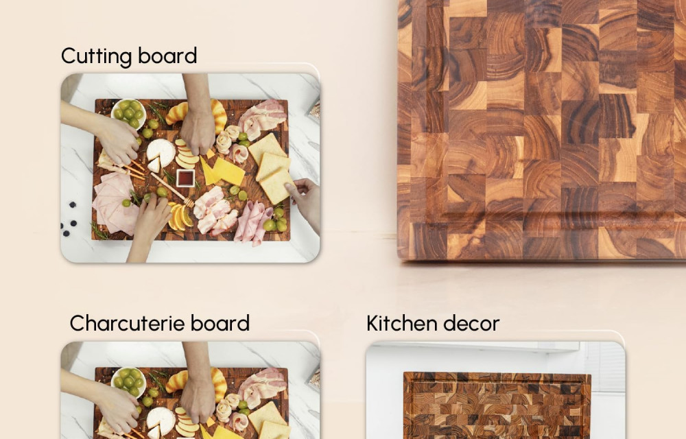 Teak Wood End Grain Cutting Board (L, 22x16x1.5"), Large Wooden Cutting Board for Kitchen