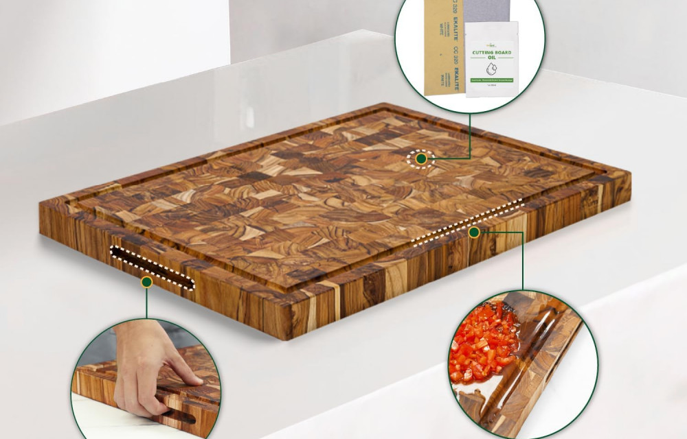 Teak Wood End Grain Cutting Board (L, 22x16x1.5"), Large Wooden Cutting Board for Kitchen