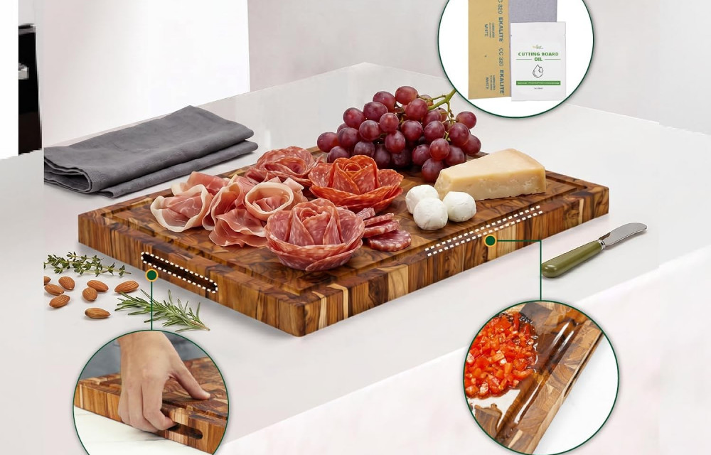 Teak Wood End Grain Cutting Board with Juice Groove and Hand Grip (M, 18x14x1.5")