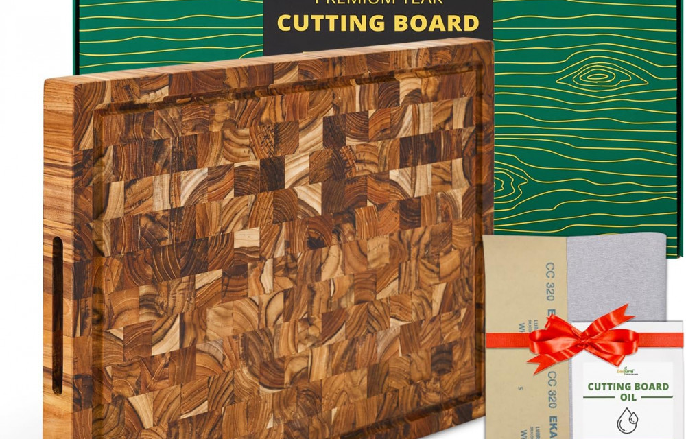 Teak Wood End Grain Cutting Board (L, 22x16x1.5"), Large Wooden Cutting Board for Kitchen