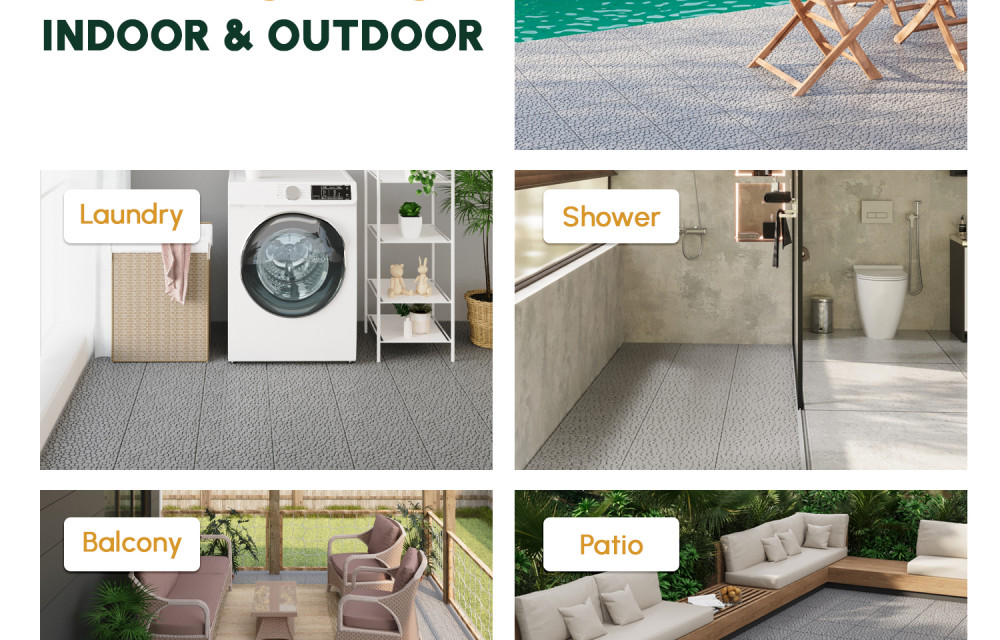 BEEFURNI Light Gray Stone Plastic Deck Tiles Interlocking Floor Tiles (60 PCS) 12" x 12"