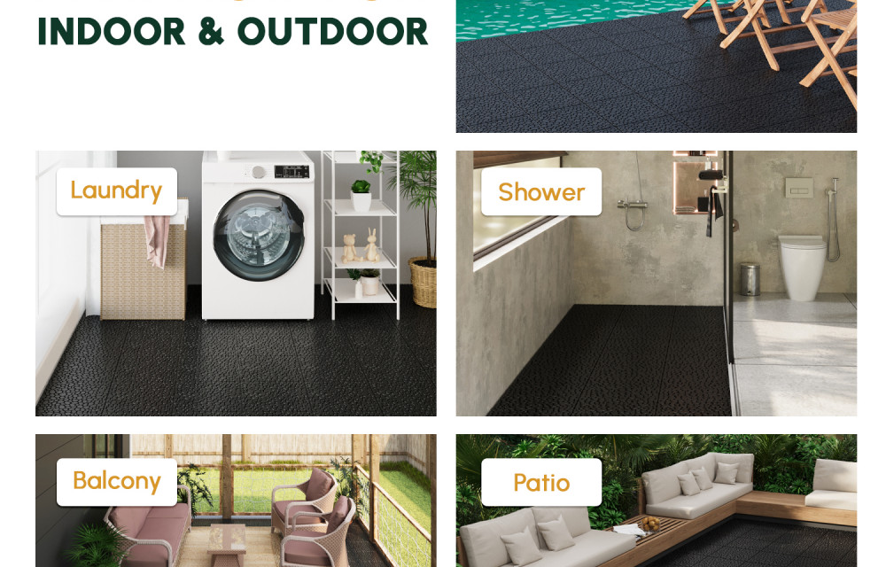 BEEFURNI Light Black Stone Plastic Deck Tiles Interlocking Floor Tiles (60 PCS) 12" x 12"
