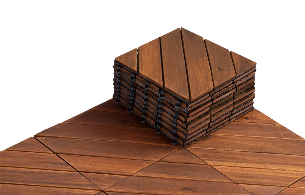 BEEFURNI 12” x 12” 10 PCS Square Diagonal Pattern Acacia Hardwood Interlocking Flooring Wood Tiles