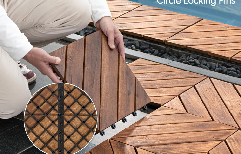 BEEFURNI 12” x 12” 10 PCS Square Diagonal Pattern Acacia Hardwood Interlocking Flooring Wood Tiles