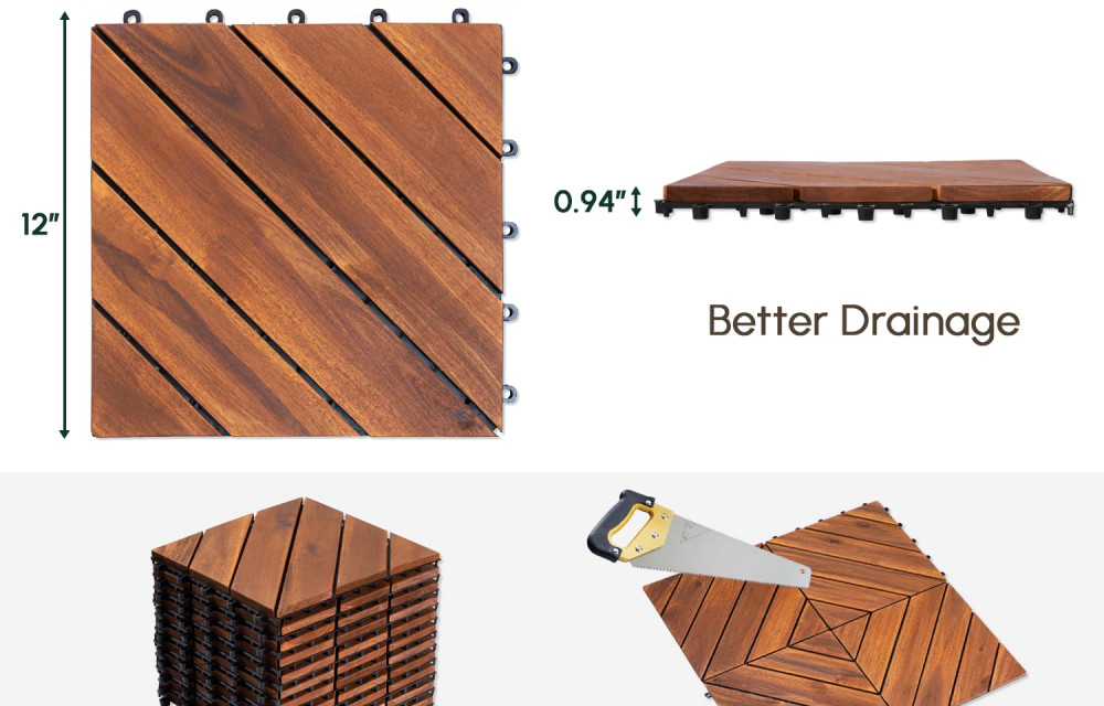 BEEFURNI 12” x 12” 10 PCS Square Diagonal Pattern Acacia Hardwood Interlocking Flooring Wood Tiles