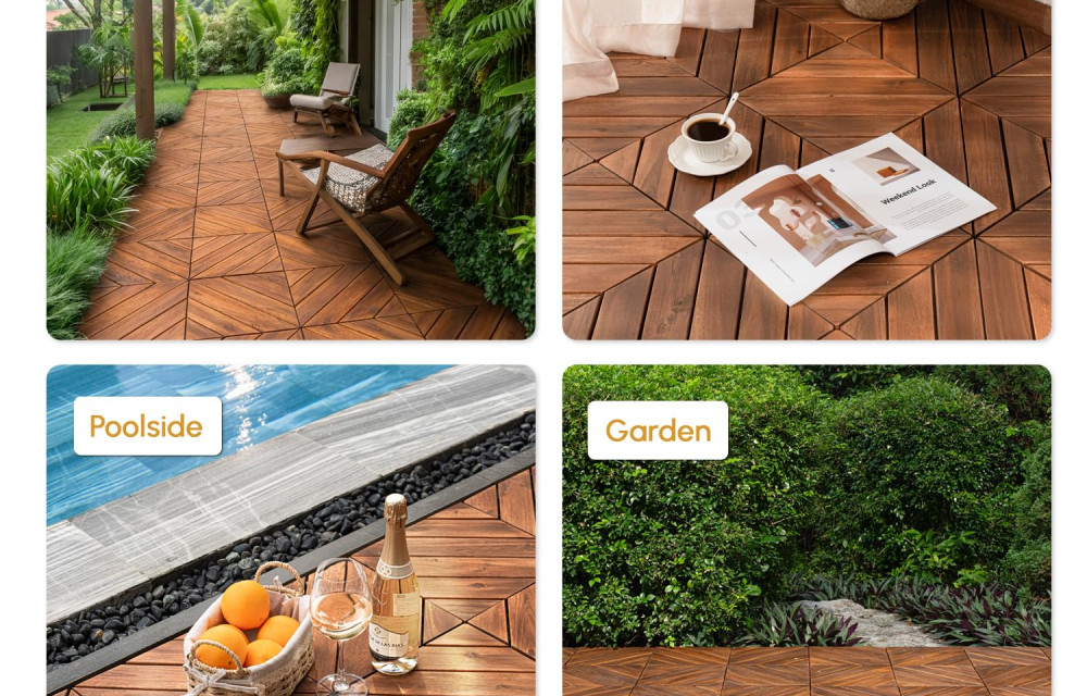 BEEFURNI 12” x 12” 10 PCS Square Diagonal Pattern Acacia Hardwood Interlocking Flooring Wood Tiles