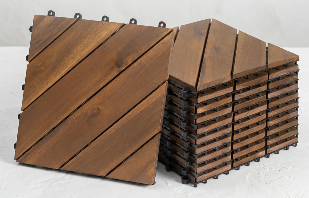 BEEFURNI 12” x 12” 10 PCS Square Diagonal Pattern Acacia Hardwood Interlocking Flooring Wood Tiles