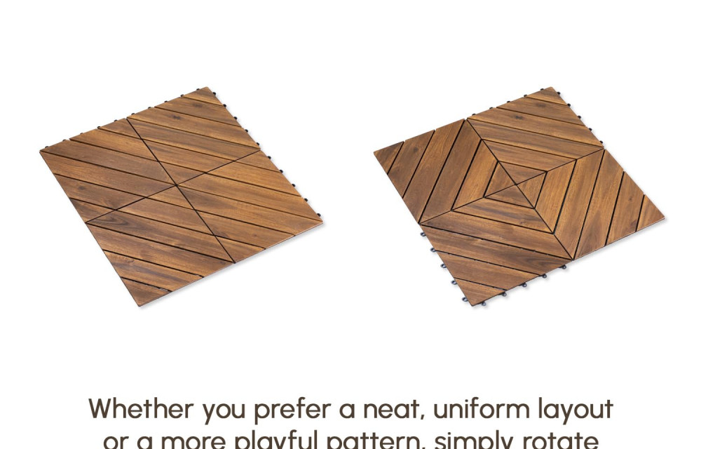 BEEFURNI 12” x 12” 10 PCS Square Diagonal Pattern Acacia Hardwood Interlocking Flooring Wood Tiles