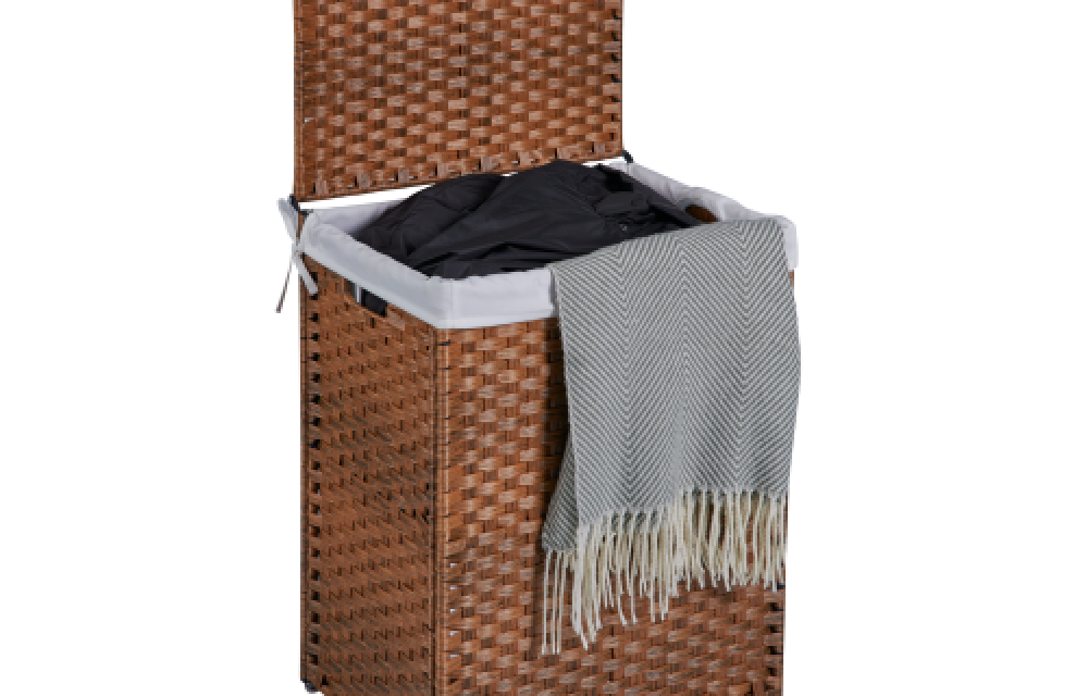 BEEFURNI Laundry Hamper Lid PE Rattan Powder Coating Frame Clothes Hampers with 02 Removable Bags, 100L, Brown Color