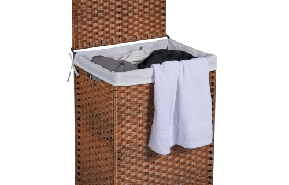 BEEFURNI Laundry Hamper Lid PE Rattan Powder Coating Frame Clothes Hampers with 02 Removable Bags, 100L, Brown Color