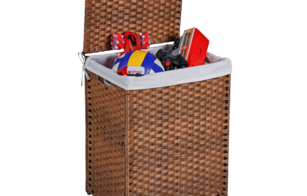 BEEFURNI Laundry Hamper Lid PE Rattan Powder Coating Frame Clothes Hampers with 02 Removable Bags, 100L, Brown Color