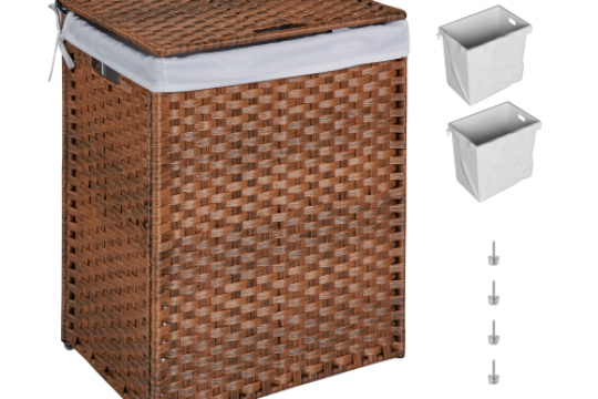 BEEFURNI Laundry Hamper Lid PE Rattan Powder Coating Frame Clothes Hampers with 02 Removable Bags, 100L, Brown Color