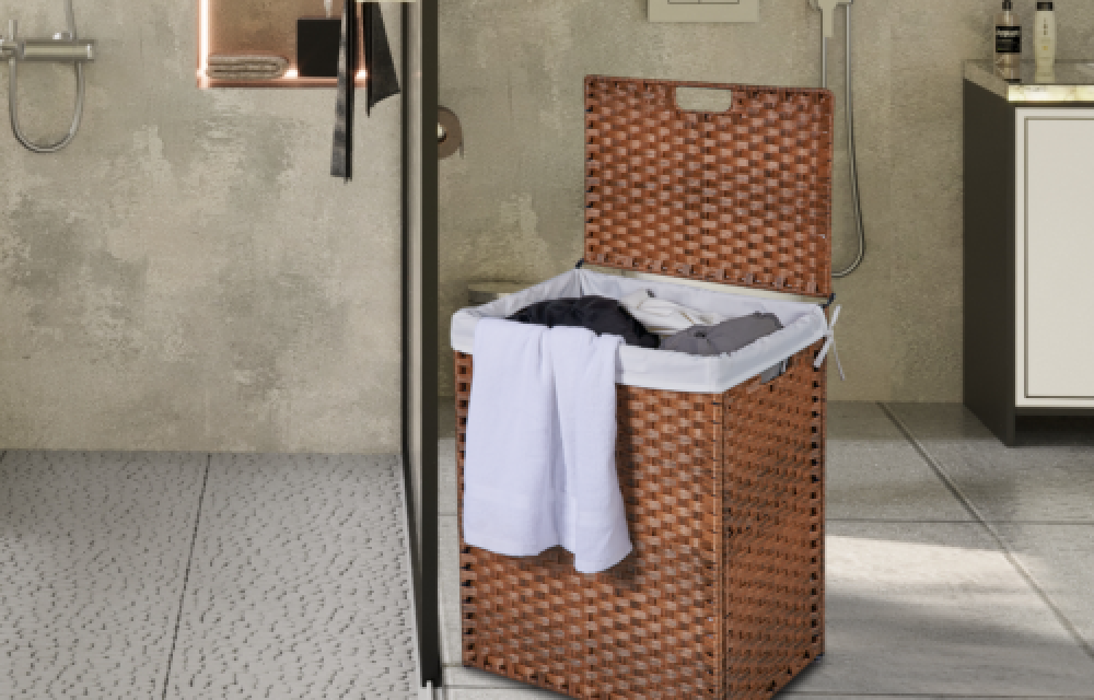 BEEFURNI Laundry Hamper Lid PE Rattan Powder Coating Frame Clothes Hampers with 02 Removable Bags, 100L, Brown Color