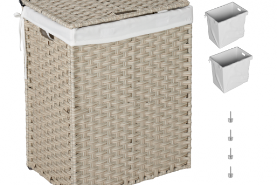 BEEFURNI Laundry Hamper With Lid PE Rattan Powder Coating Frame Clothes Hampers with 02 Removable Bags, 100L, Gray Color