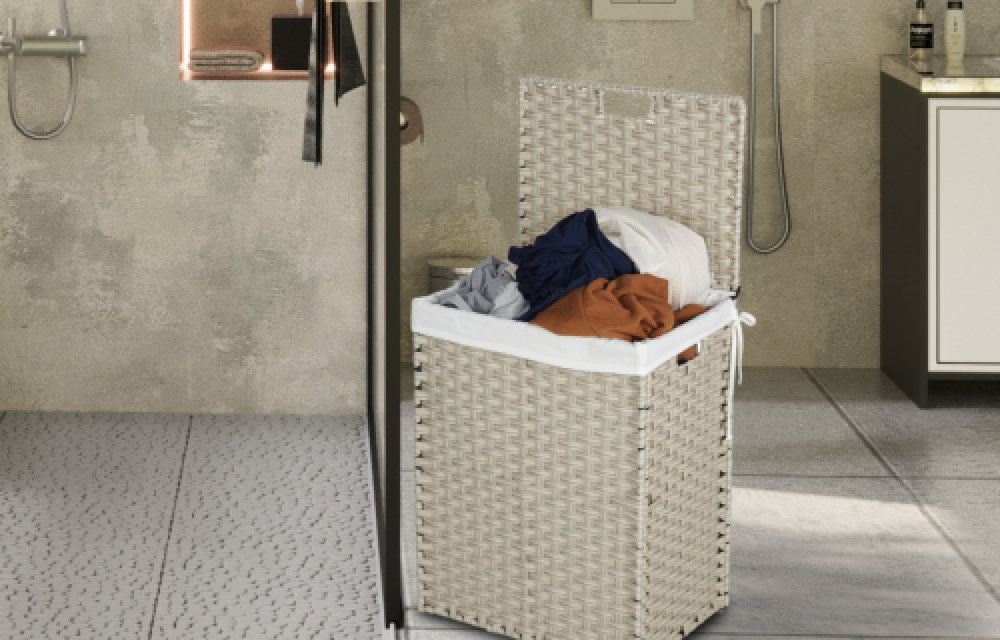 BEEFURNI Laundry Hamper With Lid PE Rattan Powder Coating Frame Clothes Hampers with 02 Removable Bags, 100L, Gray Color