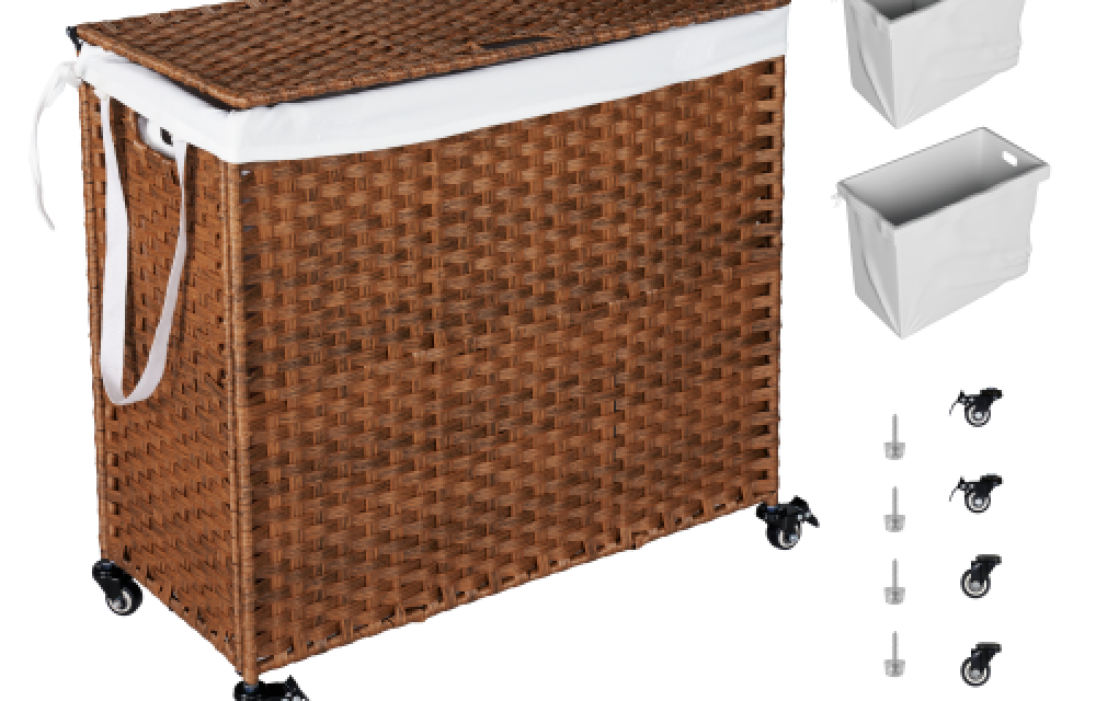 BEEFURNI Laundry Hamper, Lid PE Rattan Powder Coating Frame Clothes Hampers with 02 Removable Bags, 160L, Brown Color