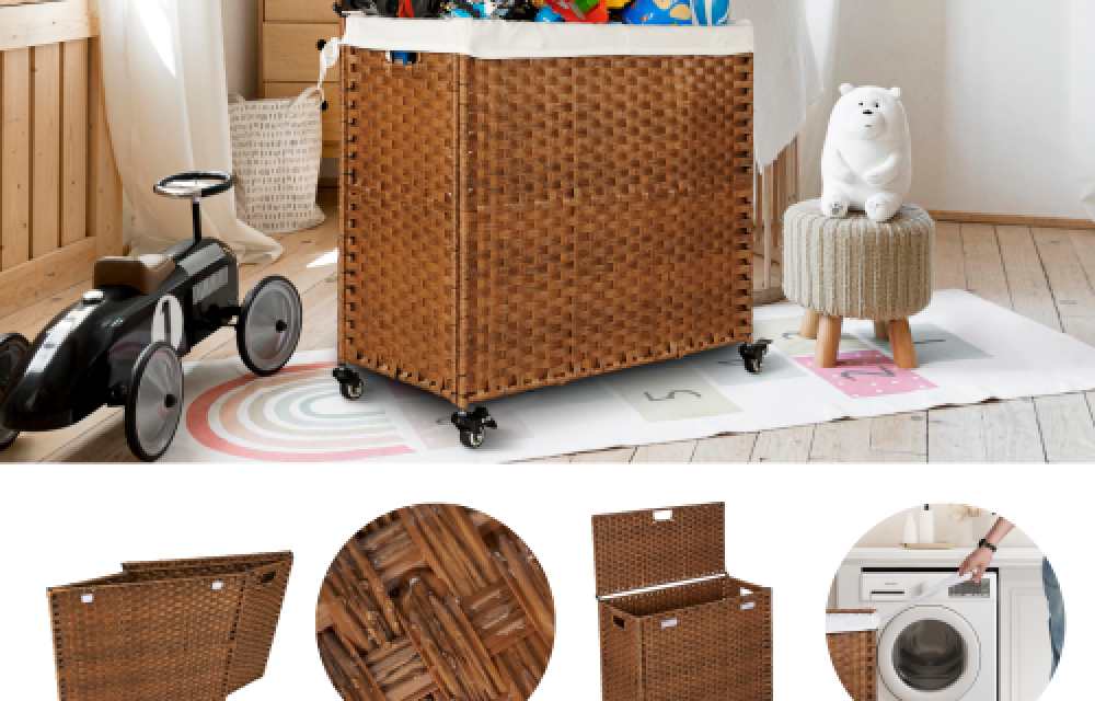 BEEFURNI Laundry Hamper, Lid PE Rattan Powder Coating Frame Clothes Hampers with 02 Removable Bags, 160L, Brown Color