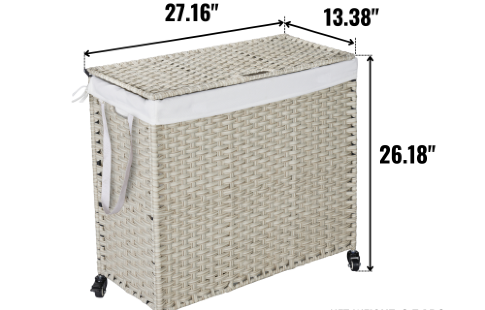 BEEFURNI Laundry Hamper With Lid PE Rattan Powder Coating Frame Clothes Hampers with 02 Removable Bags, 160L, Gray Color