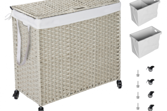 BEEFURNI Laundry Hamper With Lid PE Rattan Powder Coating Frame Clothes Hampers with 02 Removable Bags, 160L, Gray Color
