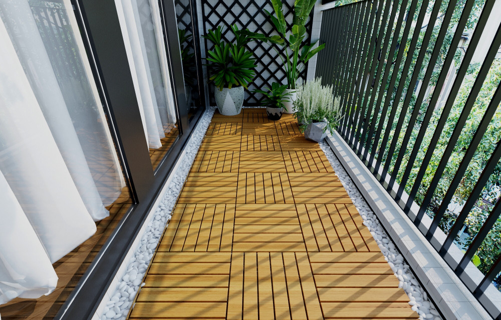 BEEFURNI 12” x 12” Square Teak Hardwood Interlocking Flooring Wood Tiles 6 Slats