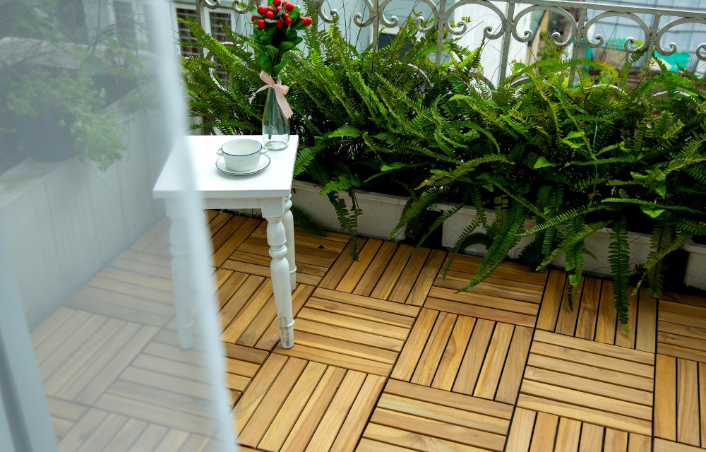BEEFURNI 12” x 12” Square Teak Hardwood Interlocking Flooring Wood Tiles 6 Slats