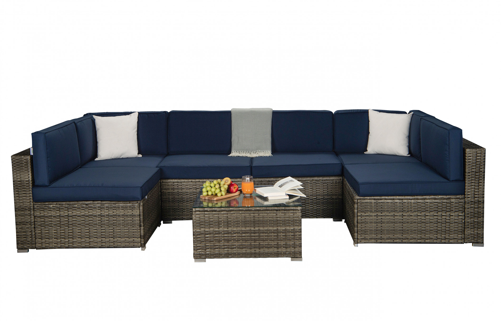 Beefurni Outdoor Garden Patio Furniture 7-Piece Dark Gray PE Rattan Wicker Sectional Navy Cushioned Sofa Sets