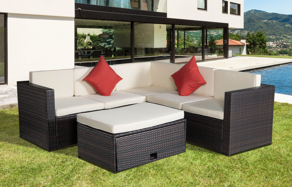 BEEFURNI Patio Set 4-Piece Brown Poly Rattan Beige Cushion Combined 2 Red Pillows Sectional Option Sofa Sets