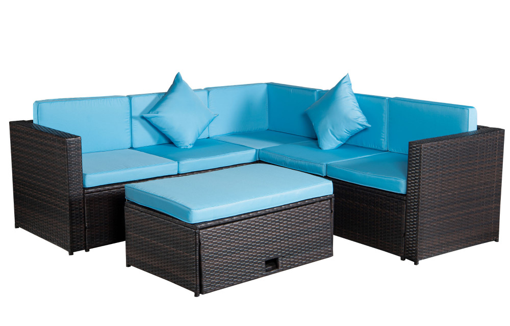 BEEFURNI Patio Set 4-Piece Brown Poly Rattan Blue Cushion Combined 2 Blue Pillows Sectional Option Sofa Sets