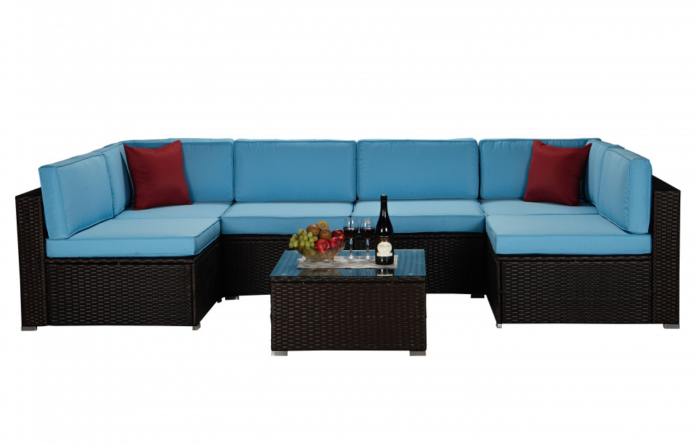 Beefurni Outdoor Garden Patio Furniture 7-Piece Brown PE Rattan Wicker Sectional Blue Cushioned Sofa Sets