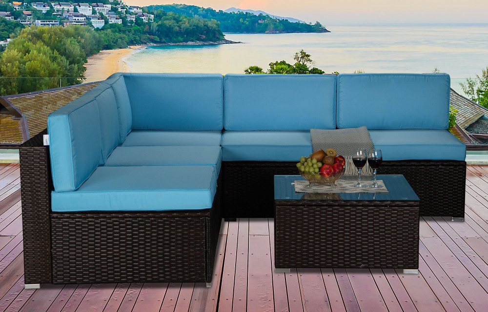 Beefurni Outdoor Garden Patio Furniture 6-Piece Brown PE Rattan Wicker Sectional Blue Cushioned Sofa Sets