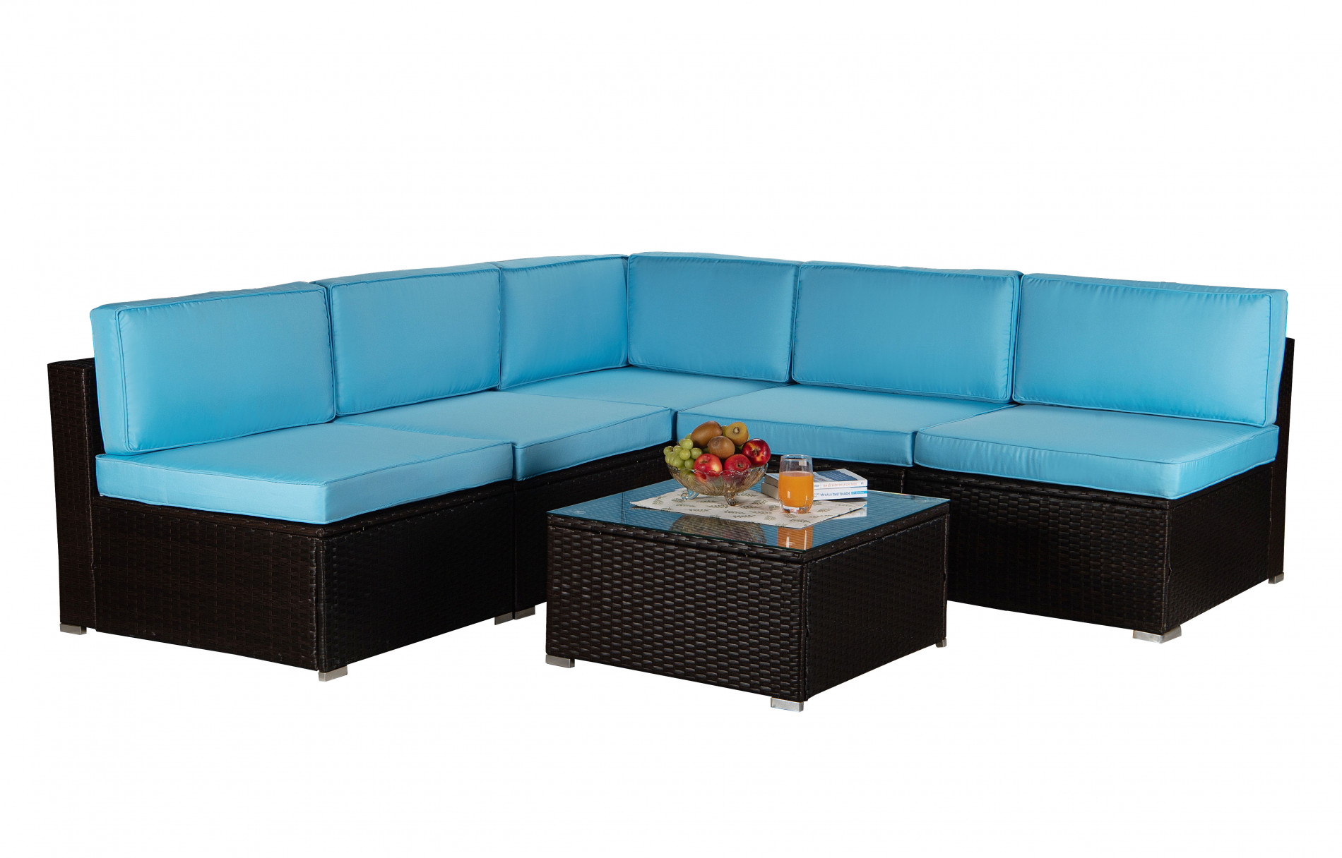 Beefurni Outdoor Garden Patio Furniture 6-Piece Brown PE Rattan Wicker Sectional Blue Cushioned Sofa Sets
