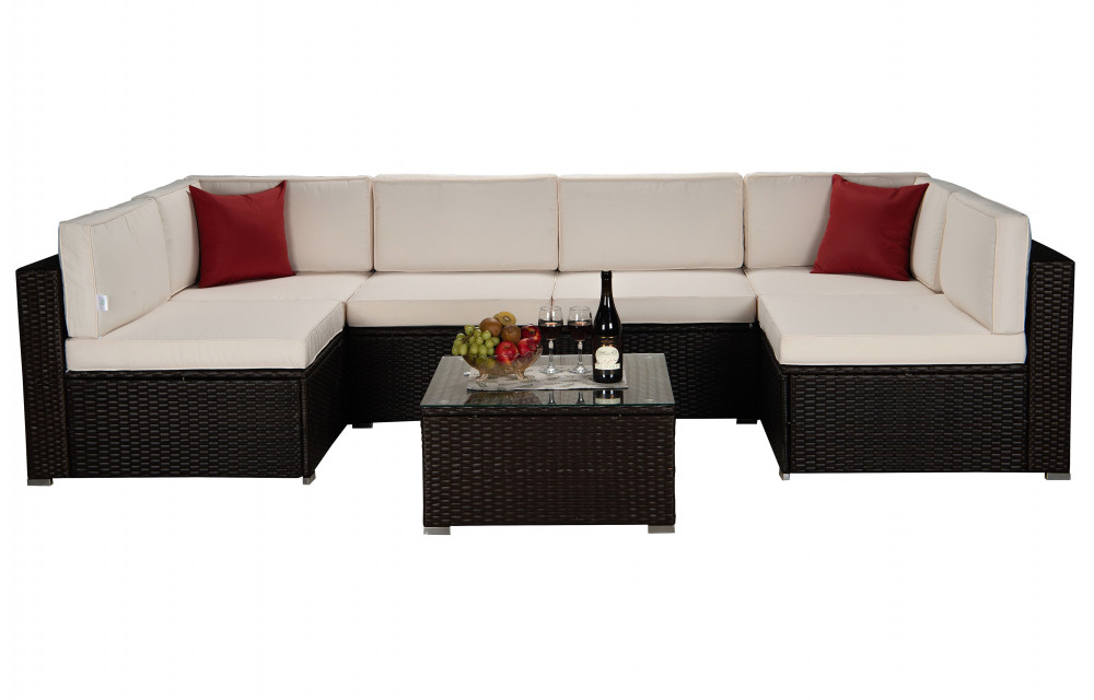 Beefurni Outdoor Garden Patio Furniture 7-Piece Brown PE Rattan Wicker Sectional Beige Cushioned Sofa Sets