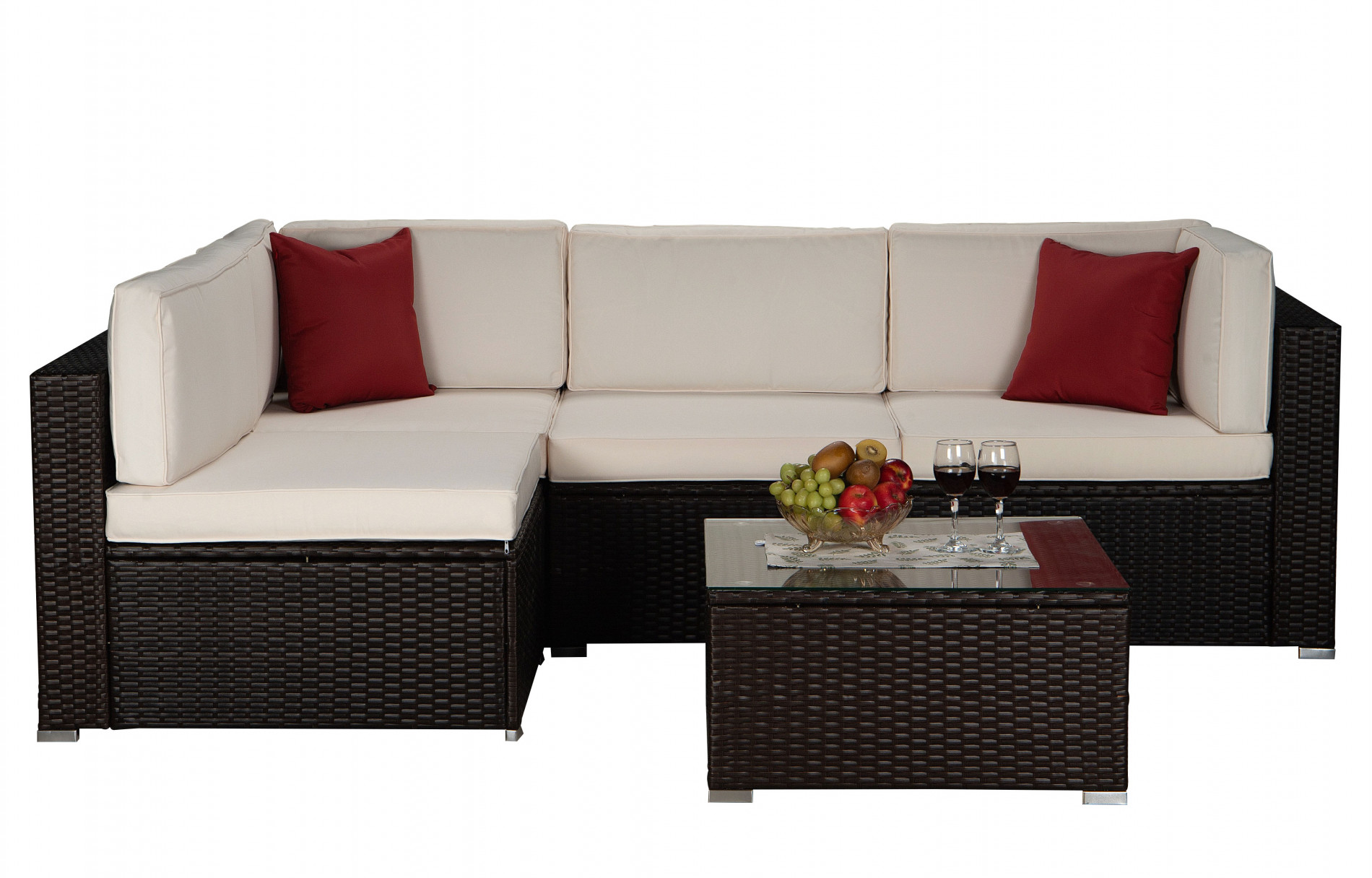 Beefurni Outdoor Garden Patio Furniture 5-Piece Brown PE Rattan Wicker Sectional Beige Cushioned Sofa Sets