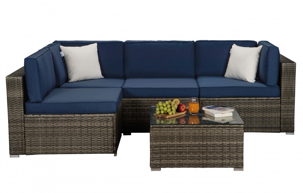 Beefurni Outdoor Garden Patio Furniture 5-Piece Dark Gray PE Rattan Wicker Sectional Navy Cushioned Sofa Sets