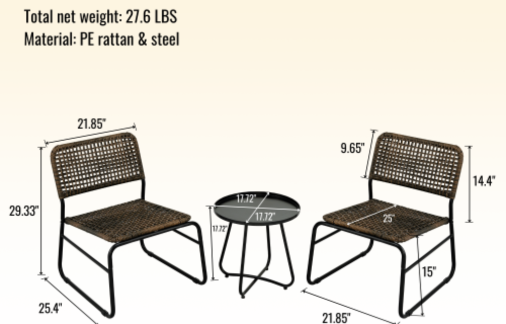 BEEFURNI Patio Furniture Set 3 Piece Mixture Pattern PE Rattan Steel Frame And Modern Round Table, Brown and Black